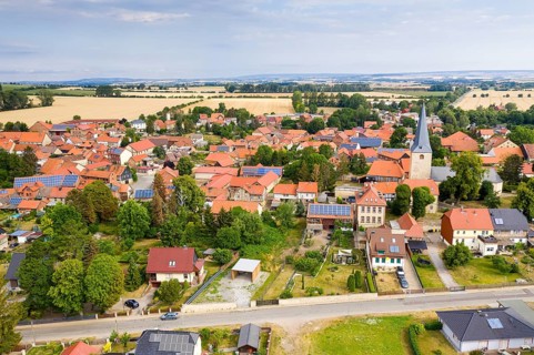 Aerial view of the village Badersleben with protestant church St. Sixtini, Huy, Harz,
