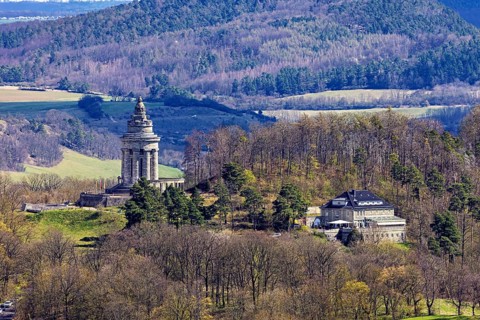 Monument in a picturesque spring landscape with hills and forests, the Burschenschaftsdenkmal near