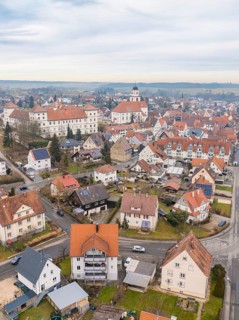 View of the town centre with characteristic red roofs and a central church, Meßkirch, district of