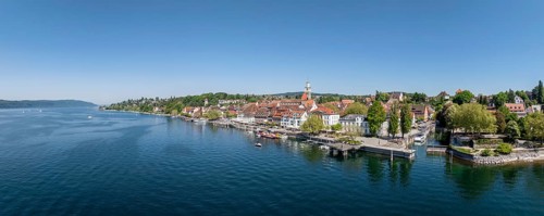 Aerial view, panorama of Überlingen on Lake Constance with the historic old town and the lakeside