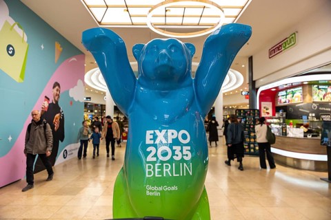 Advertising mascot in a shopping center for the EXPO 2035 world exhibition in Berlin. advertising