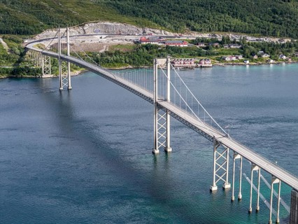Aerial view of Tjeldsundbrua bridge south of Harstad, Norway
