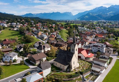 Drone image, view of village with church, Puch near Hallein, Salzachtal, Tennengau, Salzburg