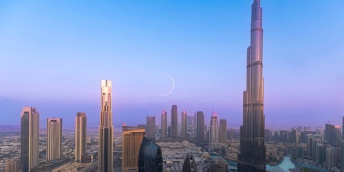 UAE, Dubai panoramic skyline view of city downtown and business district