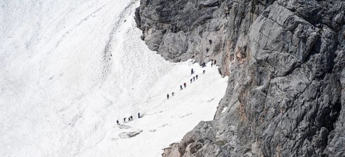 Mountaineers queuing at the transition from the Höllentalferner to the Zugspitz via ferrata, on a