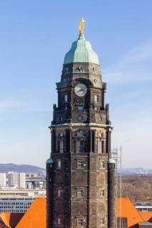 Town hall tower with golden man, Dresden, Saxony, Germany