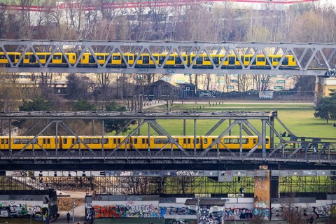 Railway bridges on the Gleisdreieck with subway. City view of Berlin. View of the capital from the