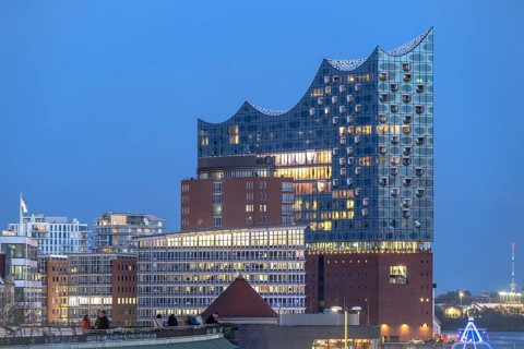 Elbe Philharmonic Hall at the Blue Hour at the Landungsbrücken, Hamburg, Germany