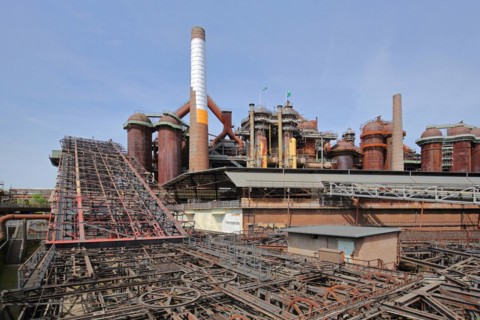 Inclined lift, hot blast stove, blast furnace and pipelines, steel construction, steel girder,