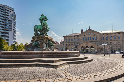 Centaurenbrunnen fountain in front of the main railway station in Fürth, Bavaria, Germany