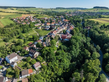 Aerial view of the old town centre of Tengen with the ruins of the Hinterburg tower, Hegau,