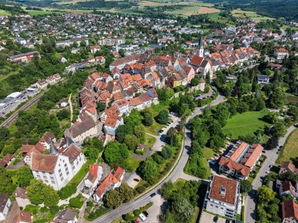 Aerial view of the town of Engen in Hegau with the historic old town, district of Constance,
