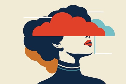 Woman's profile with face obscured by clouds. Mental health, anxiety concept
