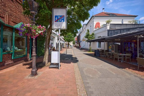 Merschstraße with retail shops, pharmacy and café in the town centre of Haltern am See, Ruhr area,