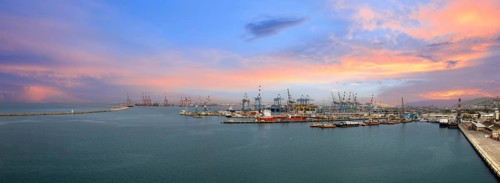 Israel, panoramic view of Haifa industrial port and terminal near downtown and financial center
