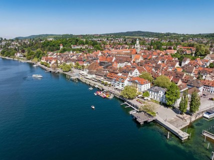 Aerial view of Überlingen on Lake Constance with the historic old town and the lakeside promenade,