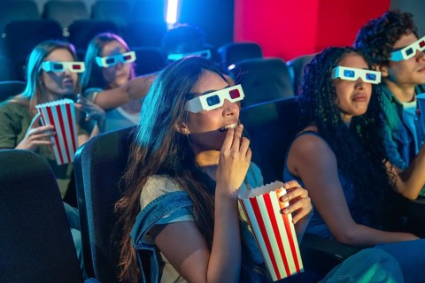 Group of friends wearing 3d glasses watching a movie at the cinema, eating popcorn and having fun