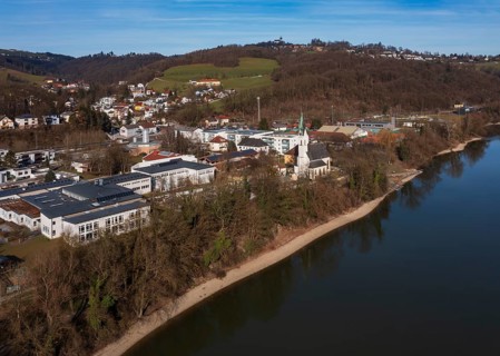 Drone image, housing estate, apartment blocks and high-rise estate, Puchenau, Linz Land district,
