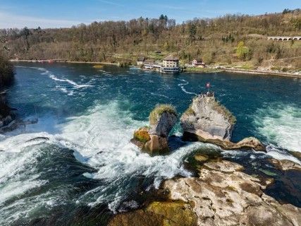 Aerial view of the Rhine Falls at low water in spring, Neuhausen, Canton Schaffhausen, Switzerland