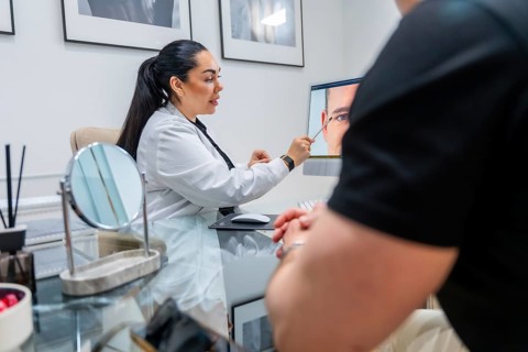 Female doctor in a white coat consulting a patient in an aesthetic clinic, pointing at a computer