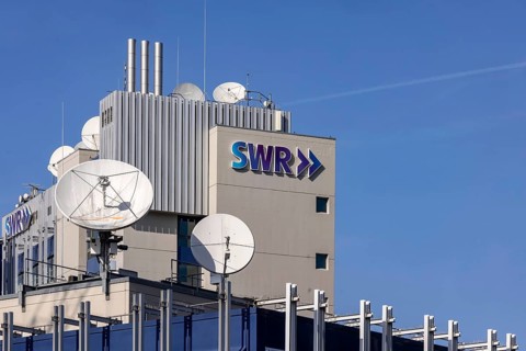 Radio house SWR Südwestrundfunk in Neckarstraße Stuttgart. Building with logo on the façade and