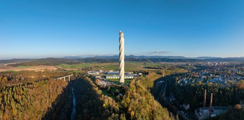 Aerial view, panorama from the 246 metre high TK-Elevator test tower of Thyssenkrupp AG, lift test