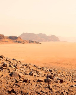 Expansive barren desert of Wadi Rum in Jordan with red sand, rocky terrain, and distant mountains.