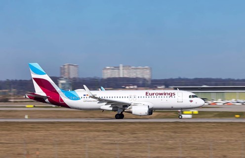 Stuttgart Airport STR EDDS with airplane taking off. Registration: D-AEWS, Eurowings, Airbus