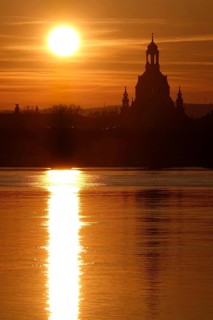 View of Church of Our Lady Dresden across the Elbe, sunset, winter, Saxony, Germany