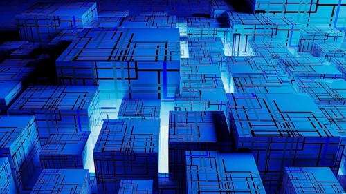 Vibrant abstract background showcases interconnected cubes, representing technology and data in a