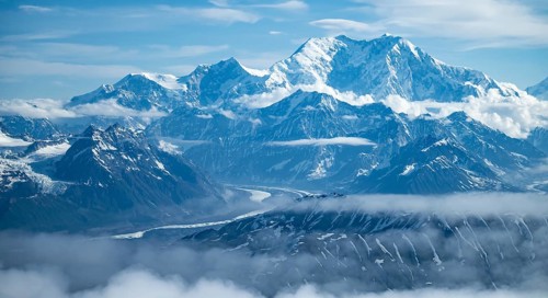 Panorama, clouds over high mountains, Mt Denali or Mount McKinley, aerial view, Alaska Range,
