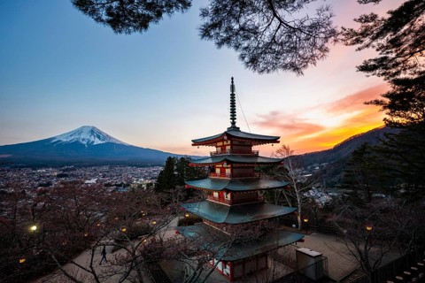 Five-story pagoda of a Shinto Shrine, Chureito Pagoda, with views of Fujiyoshida City and Mount