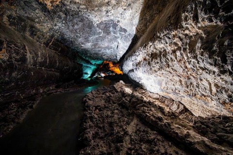 Underground cave formed by lava flow, illuminated lava cave, Cueva de los Verdes, Lanzarote, Canary
