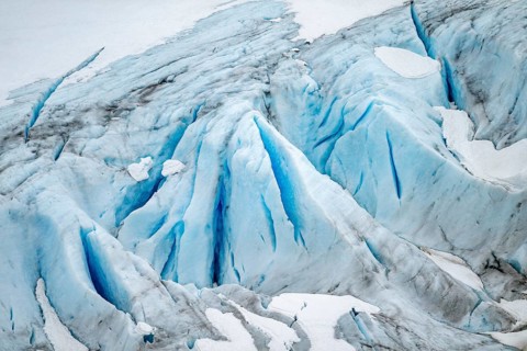 Blue rugged glacier ice with crevasses and snow, detail, Exit Glacier, Kenai Peninsula, Alaska, USA