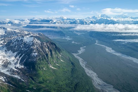 Mt Foraker and Mt Denali or Mount McKinley, aerial view, Alaska Range, Denali National Park,