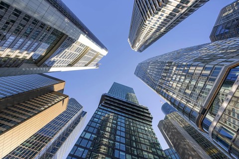 The skyscrapers of Frankfurt's skyline rise far into the sky, Frankfurt am Main, Hesse, Germany