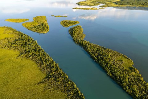 Aerial view of river Vistasjohka, branching river arms, turquoise colored river, Vistasvagge