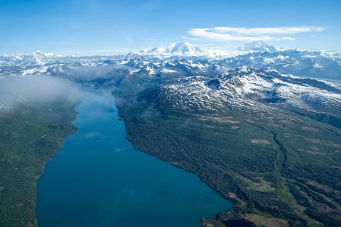 Chelatna Lake, Mt Foraker and Mt Denali or Mount McKinley, aerial view, Alaska Range, Denali