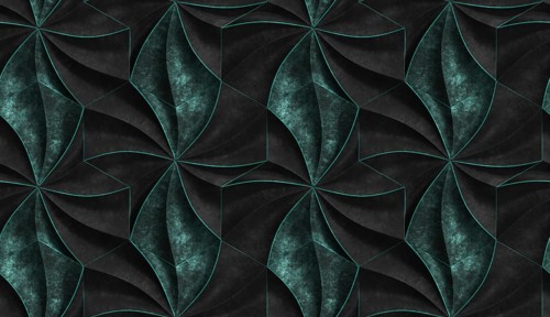 3D expensive wallpaper of architectural modules is black and brown with red gold frayed edges.