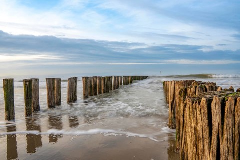 Coastal protection, through wooden posts, paalhoofden, on the beach, breakwater, the piles, some of