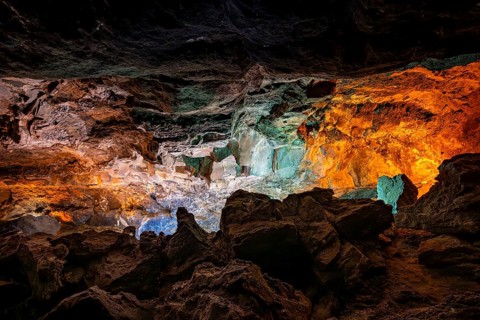 Underground cave formed by lava flow, illuminated lava cave, Cueva de los Verdes, Lanzarote, Canary