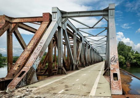 The old railway bridge being converted into the Fiesta Bridge over the Váh River, Capital of