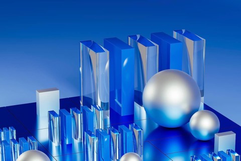 An array of geometric forms cast in blue illuminates a stunning 3D technological environment,