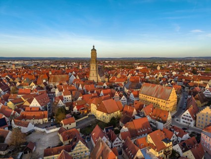 Aerial view of the historic old town of Nördlingen with the church of St. Georg and the 90-meter
