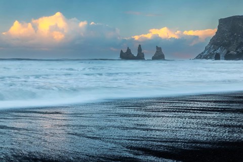 Reynisdrangar pinnacles, lava sandy beach, waves, sea, clouds, winter, Vik, Iceland, Scandinavia