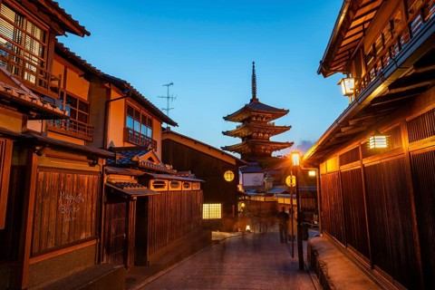 Yasaka dori historic street in the old town with traditional Japanese houses, five-story Yasaka