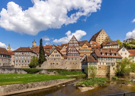 Grasbödele with an ensemble of buildings. City view of Schwäbisch Hall, Baden-Württemberg, Germany