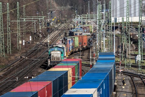 Container trains in the freight yard, so-called installation tracks in Duisburg-Rheinhausen,