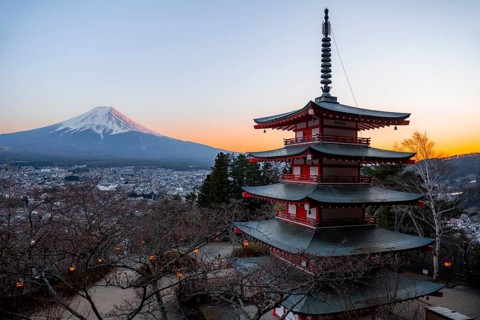 Five-story pagoda of a Shinto Shrine, Chureito Pagoda, with views of Fujiyoshida City and Mount
