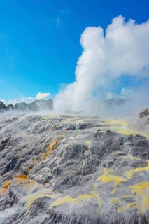 Prince of Wales and Pohutu geysers erupting, Te Puia Thermal Valley, Rotorua, Bay of Plenty, North